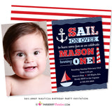 Sail Away Nautical Birthday Party Invitation - Navy & Red (Photo) - inkberrycards