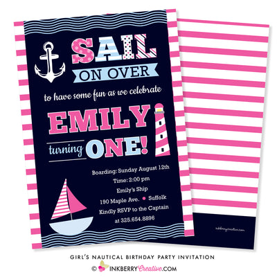 Sail Away Girl's Nautical Birthday Party Invitation - inkberrycards
