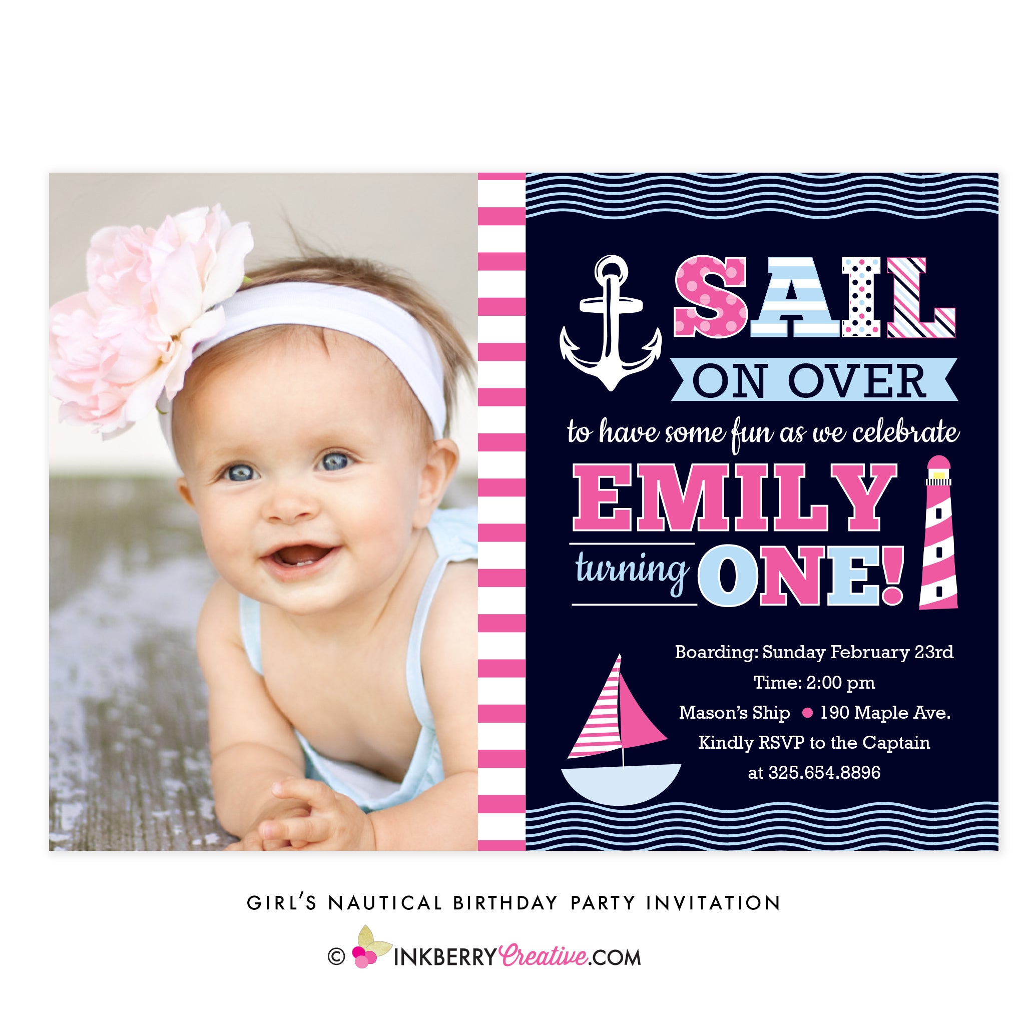 Sail Away Girl's Nautical Birthday Party Invitation (Photo) - inkberrycards