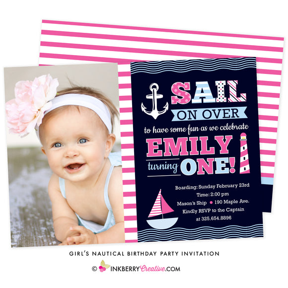 Sail Away Girl's Nautical Birthday Party Invitation (Photo) - inkberrycards