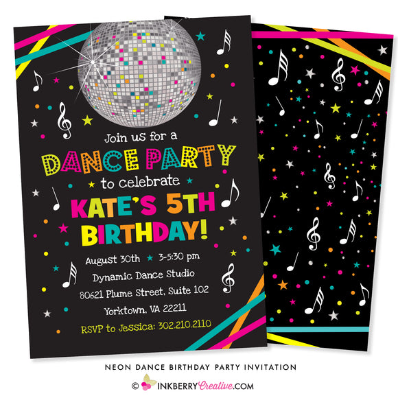 Neon Dance Party Birthday Party Invitation (Black) - inkberrycards