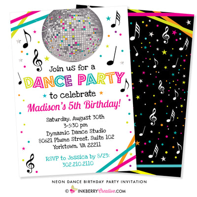 Neon Dance Party Birthday Party Invitation (White) - inkberrycards