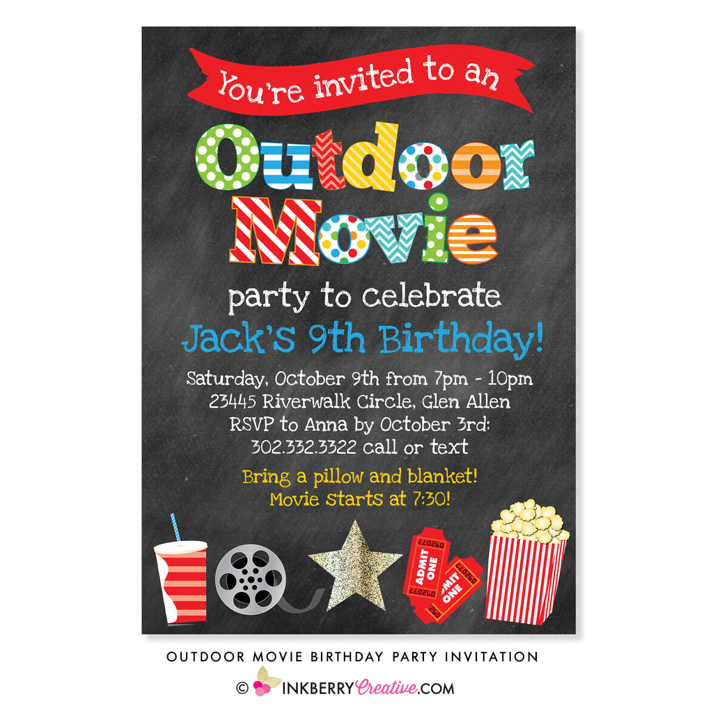 Outdoor Movie Birthday Party Invitation - Chalkboard Style - inkberrycards