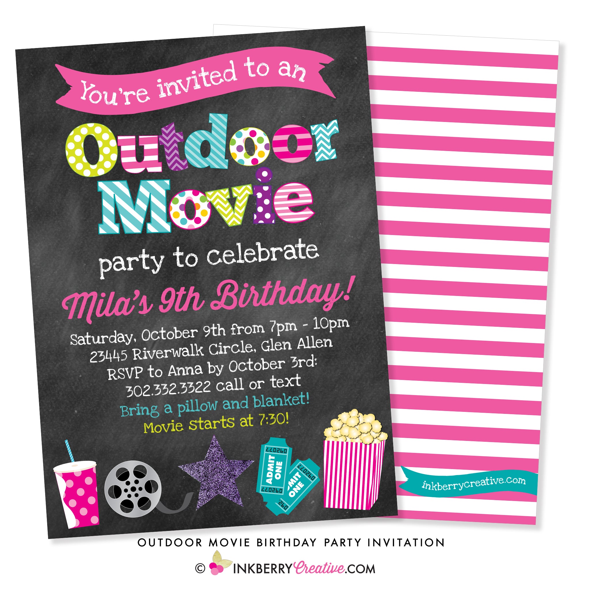 Outdoor Movie Birthday Party Invitation (Girls) - Chalkboard Style - inkberrycards