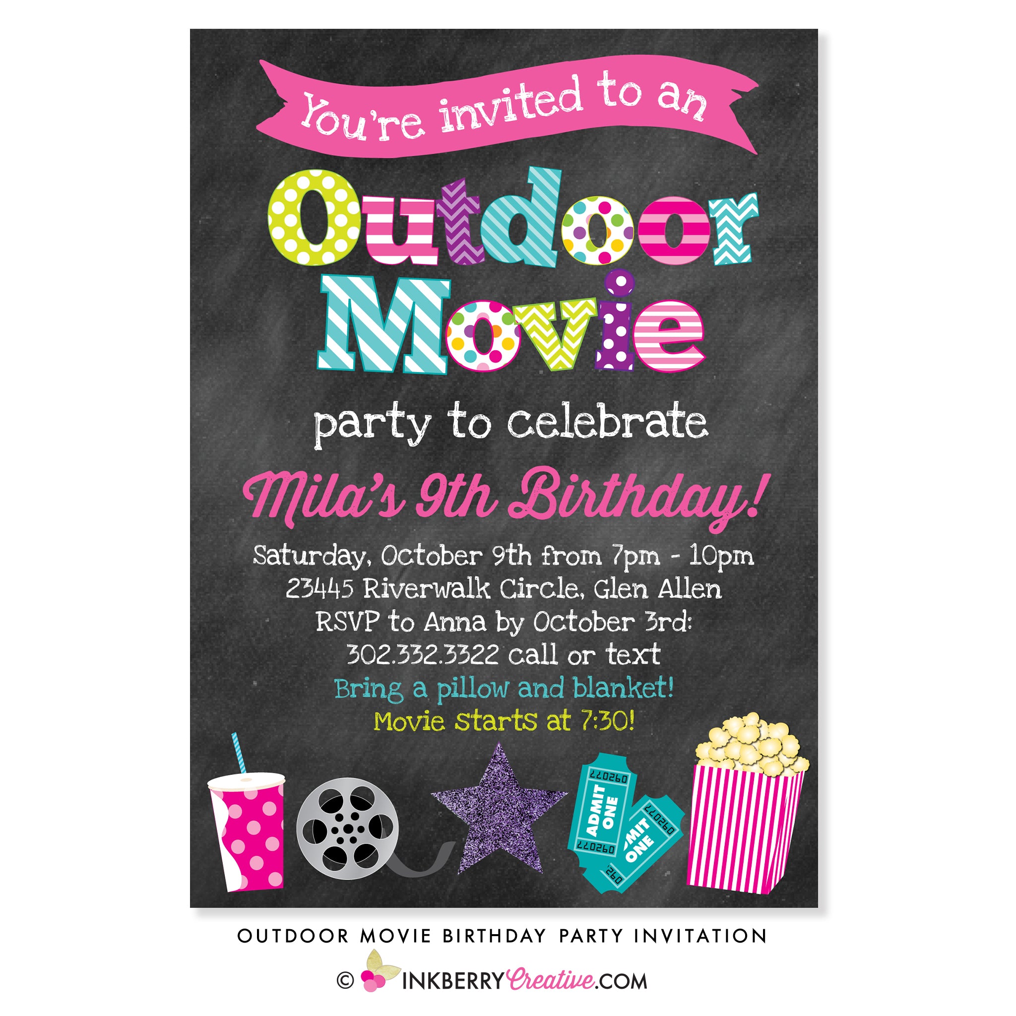 Outdoor Movie Birthday Party Invitation (Girls) - Chalkboard Style - inkberrycards