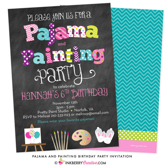 Pajama and Painting Birthday Party Invitation - Chalkboard Style - inkberrycards