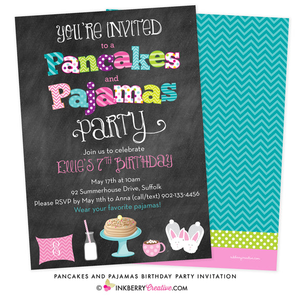 Pancakes and Pajamas Party Chalkboard Style Invitation - inkberrycards