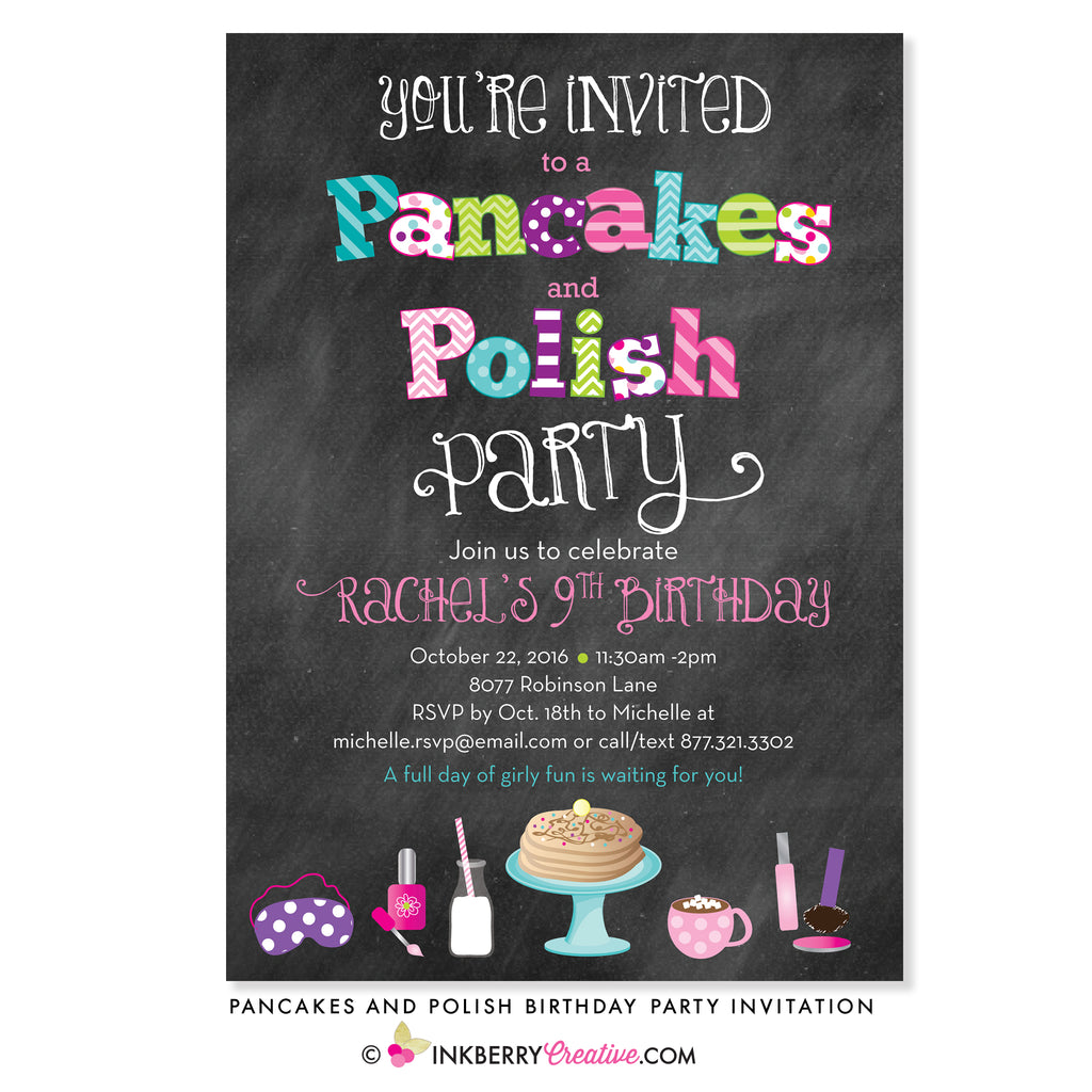 Pancakes and Polish Birthday Party Invitation - Chalkboard Style - inkberrycards