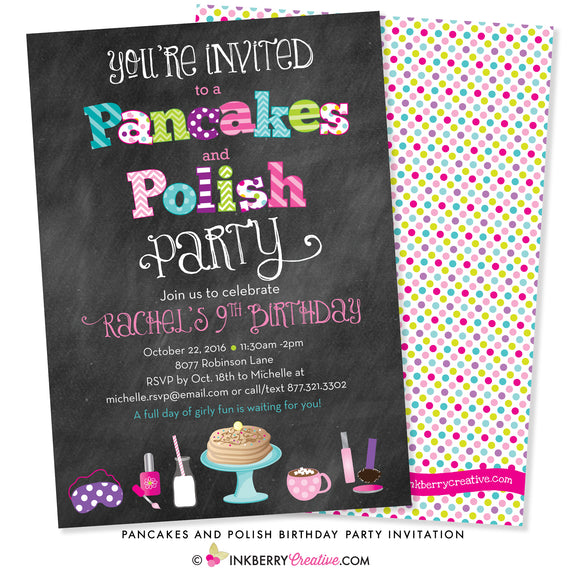 Pancakes and Polish Birthday Party Invitation - Chalkboard Style - inkberrycards