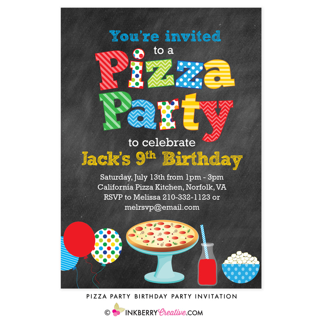 Pizza Party (Primary Colors) Chalkboard Style Invitation - inkberrycards