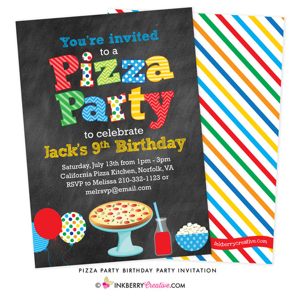 Pizza Party (Primary Colors) Chalkboard Style Invitation - inkberrycards