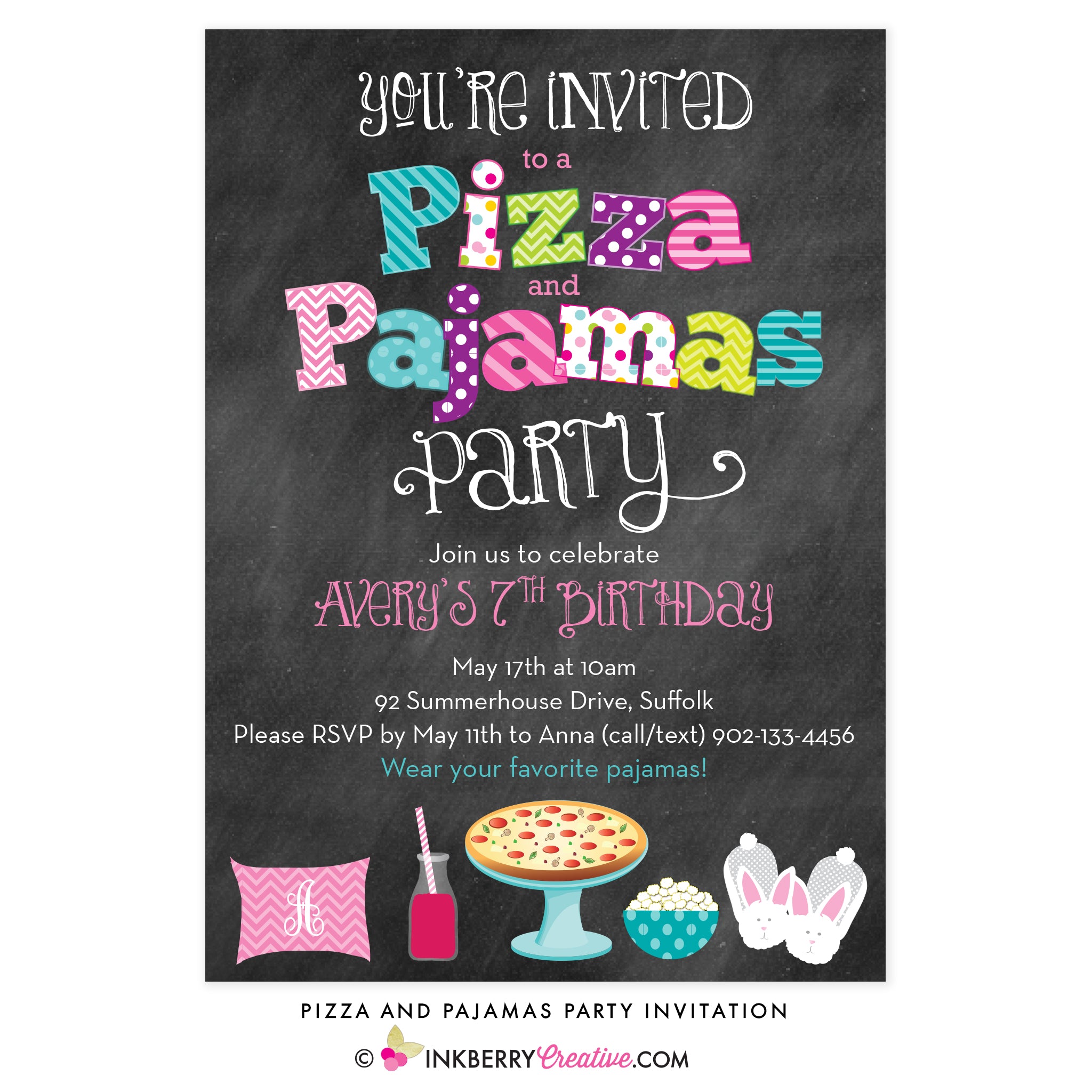 Pizza and Pajamas Party Chalkboard Style Invitation - inkberrycards