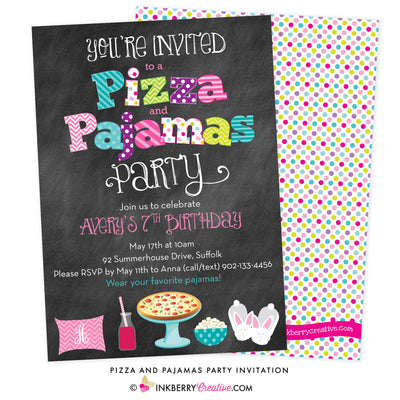Pizza and Pajamas Party Chalkboard Style Invitation - inkberrycards