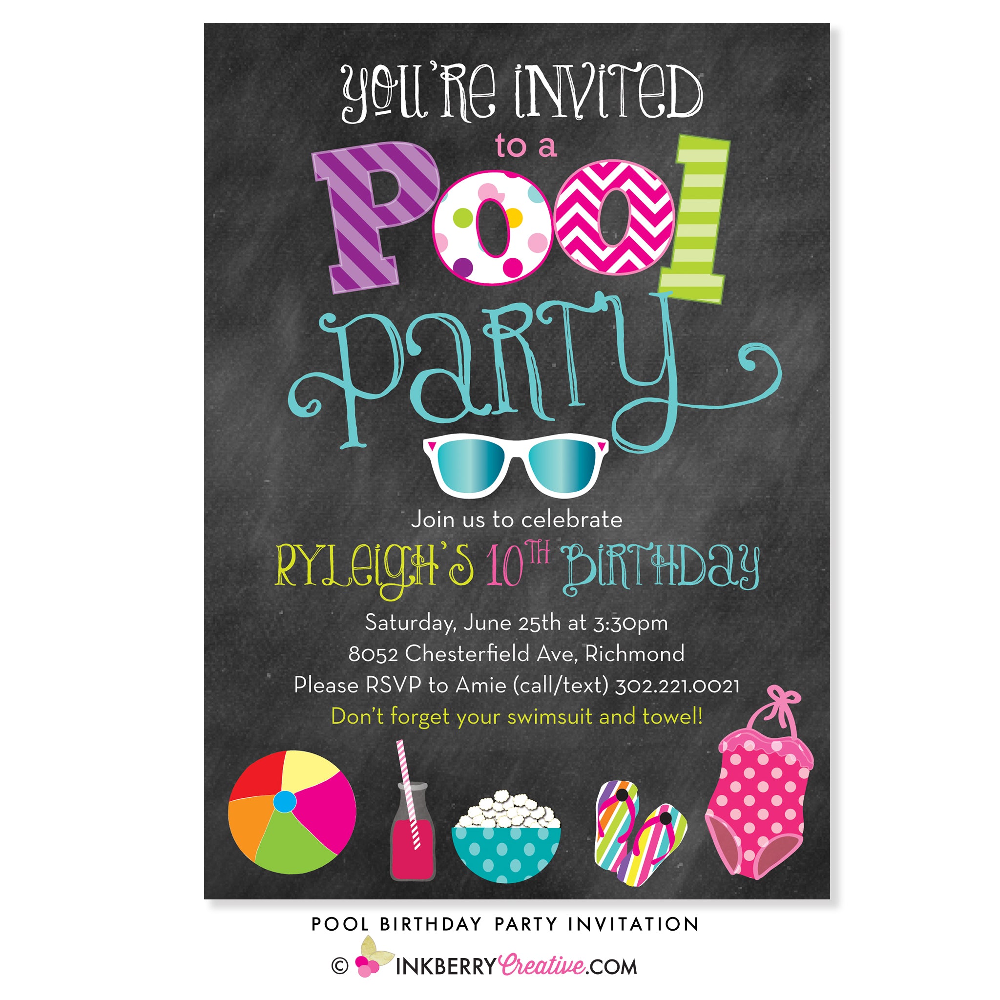 Pool Swimming Birthday Party Invitation - Chalkboard Style - inkberrycards