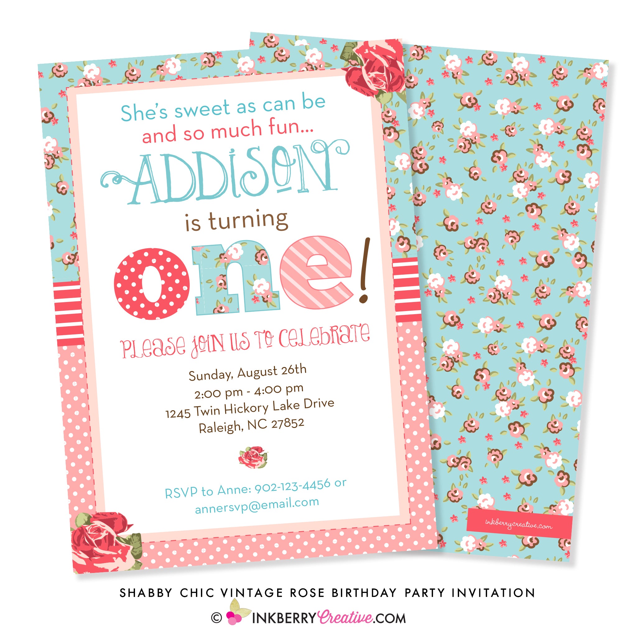 Shabby Chic Vintage Rose First Birthday Party Invitation - inkberrycards