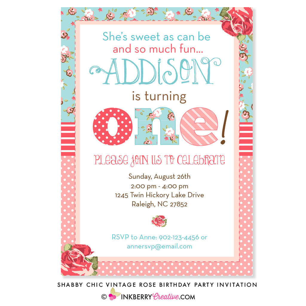 Shabby Chic Vintage Rose First Birthday Party Invitation - inkberrycards