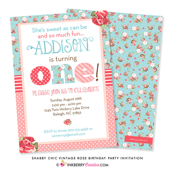 Shabby Chic Vintage Rose First Birthday Party Invitation - inkberrycards