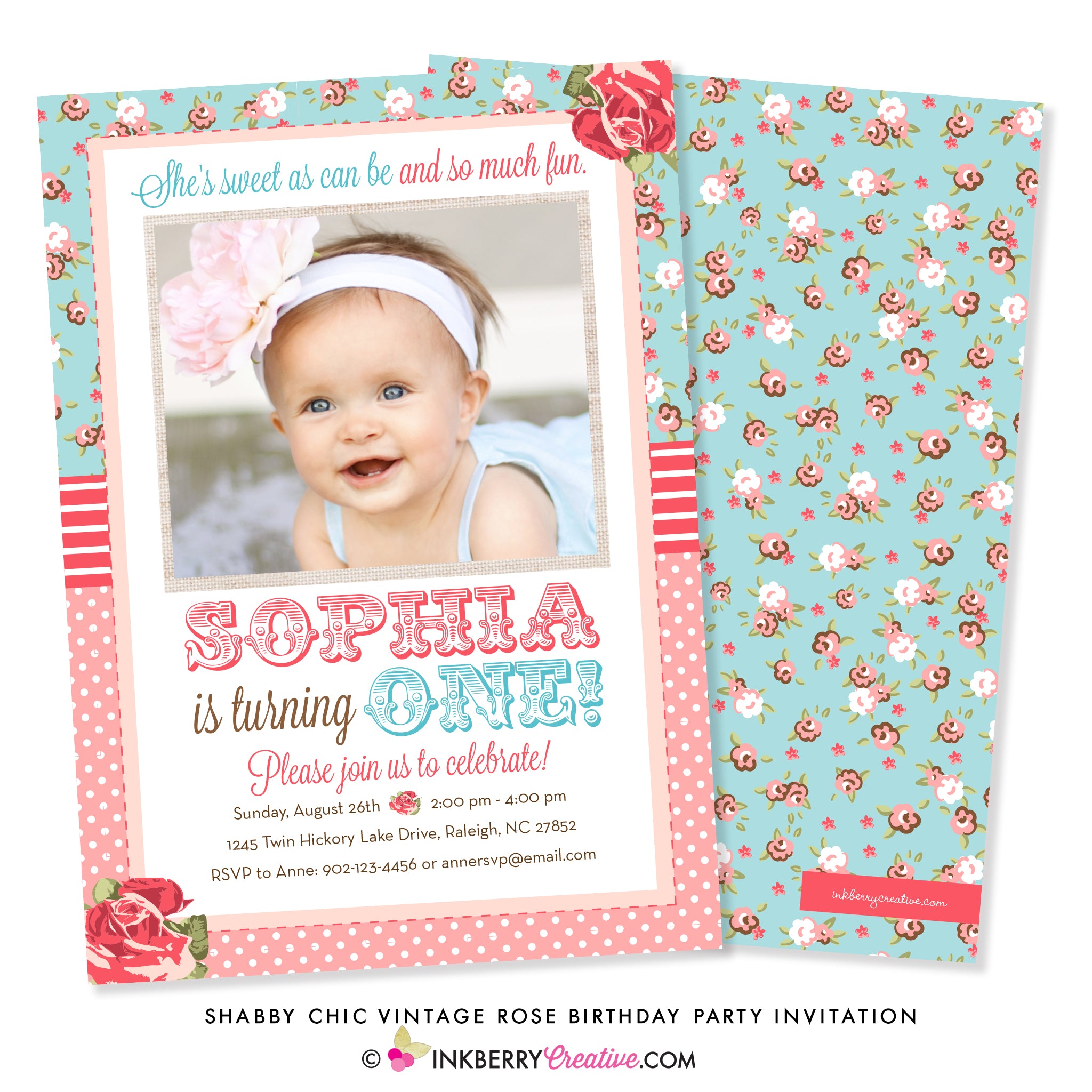 Shabby Chic Vintage Rose Birthday Party Invitation (with Photo) - inkberrycards