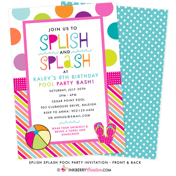 Color Splash Pool Party Invitation (Pink & Aqua) - inkberrycards