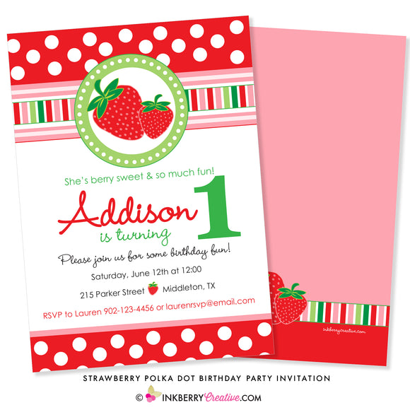 Sweet Strawberry Polka Dot Birthday Party Invitation - inkberrycards