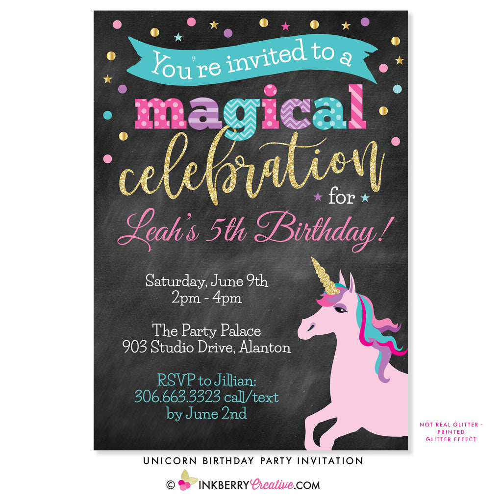 Unicorn Birthday Party Invitation - Chalkboard Style - inkberrycards