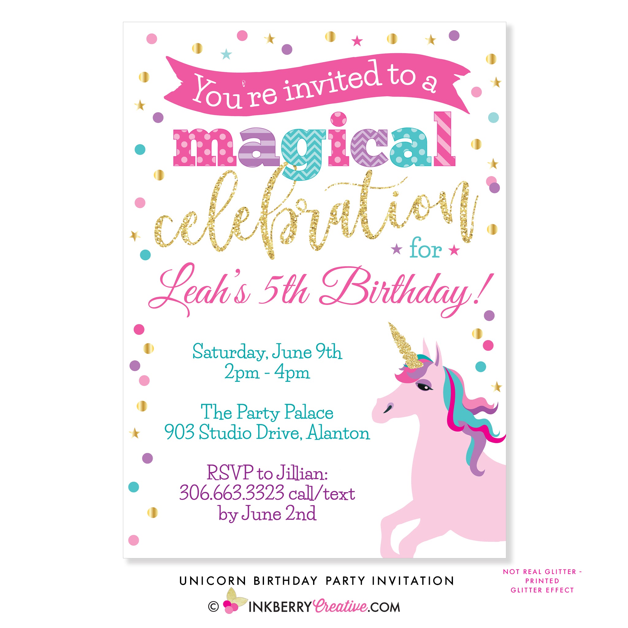 Unicorn Birthday Party Invitation - inkberrycards