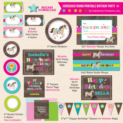 Horseback Riding Birthday Party - DIY Printable Party Package - inkberrycards