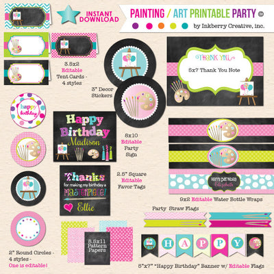 Painting Art Party - Chalkboard Style - DIY Printable Birthday Party Package - inkberrycards