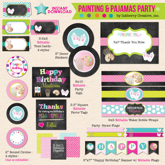 Painting and Pajamas Chalkboard Style Birthday with Bunny Slippers - DIY Printable Party Pack - inkberrycards