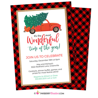 Christmas Tree Truck - Wonderful Time of Year, Buffalo Plaid Christmas Party Invitation
