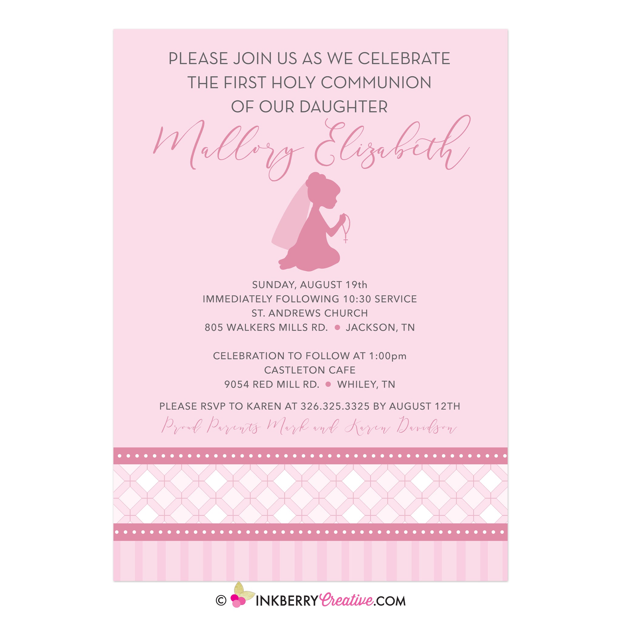 Pink Diamond Band - Girl's First Holy Communion Invitation