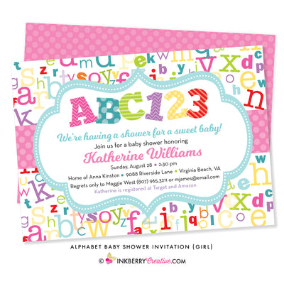 Alphabet ABC Baby Shower Invitation (Girl) - inkberrycards
