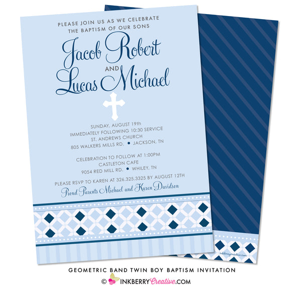 Blue Diamond Band - Twin Boys Baptism Invitation - inkberrycards