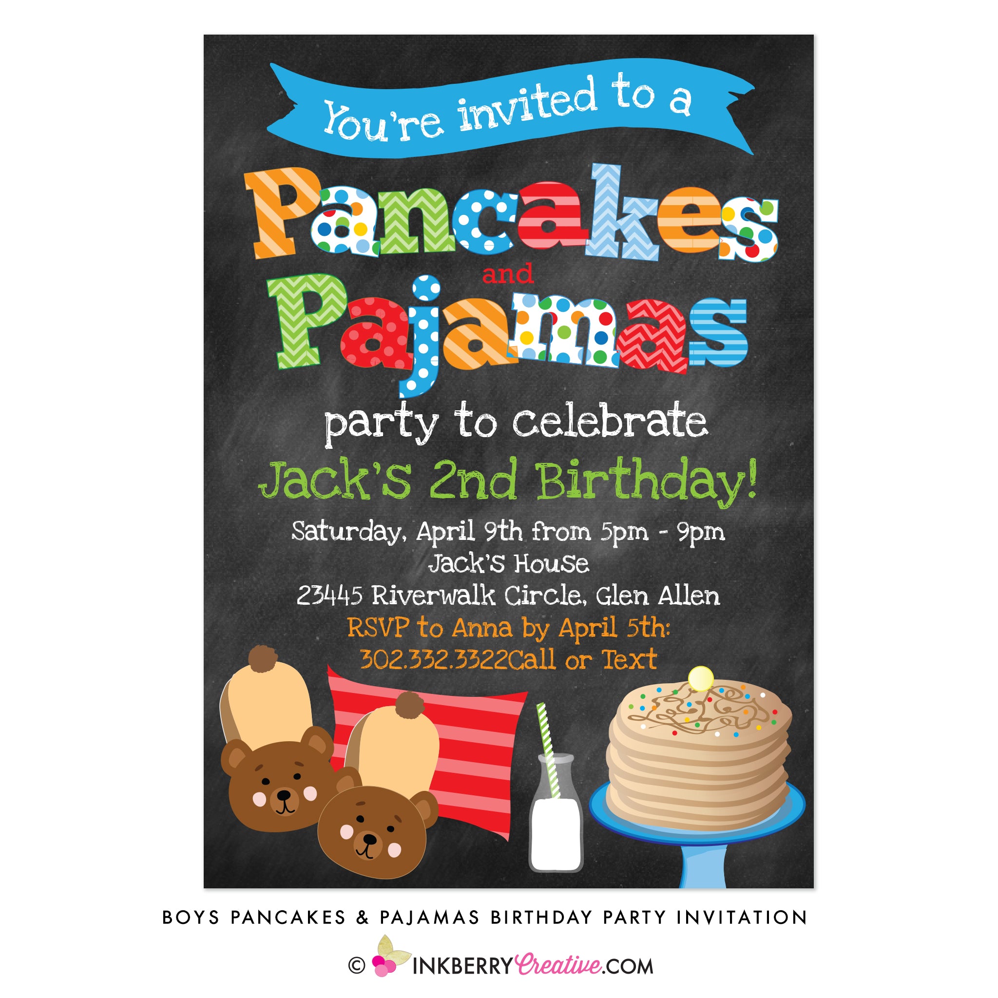 Pancakes and Pajamas Party (Boys) Chalkboard Style Invitation - inkberrycards