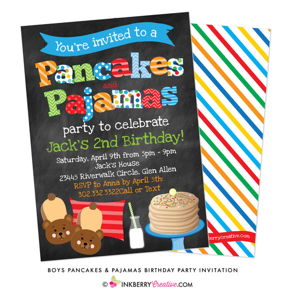 Pancakes and Pajamas Party (Boys) Chalkboard Style Invitation - inkberrycards