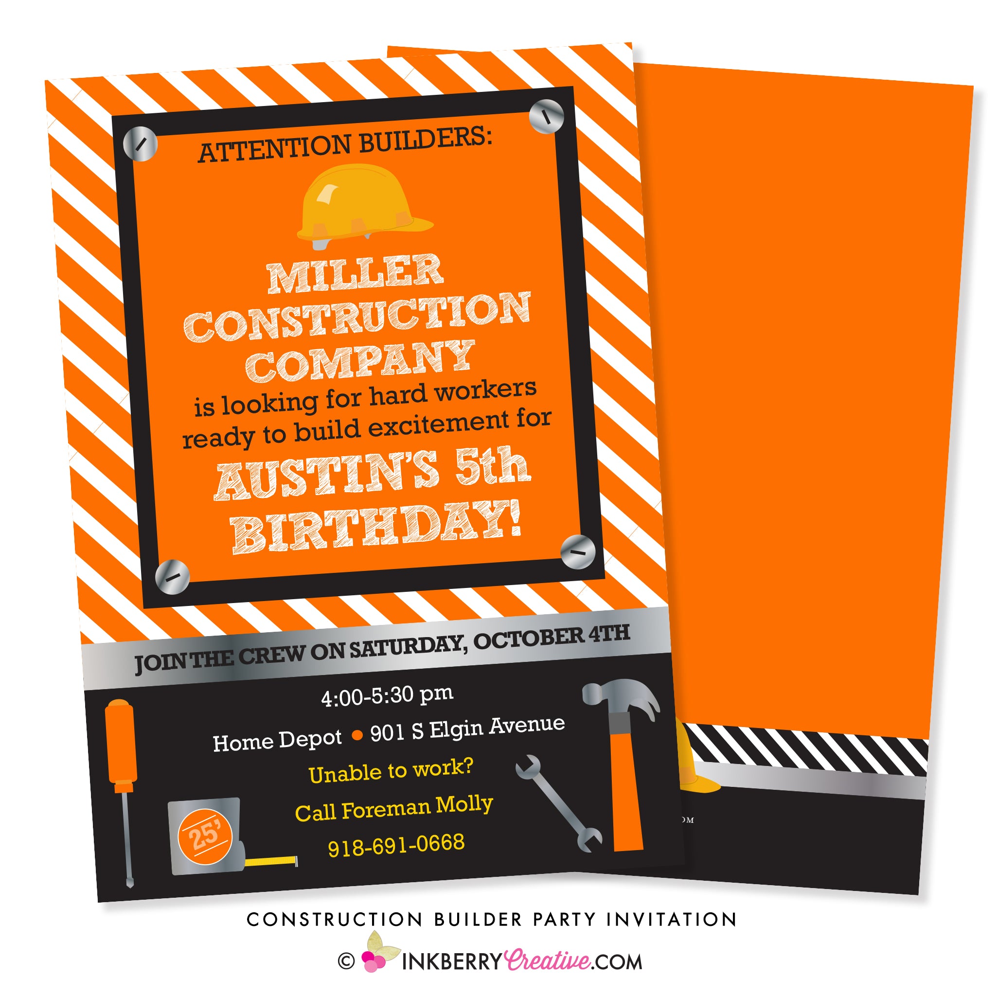 Little Builder Construction Birthday Party Invitation - inkberrycards