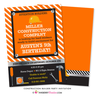 Little Builder Construction Birthday Party Invitation - inkberrycards