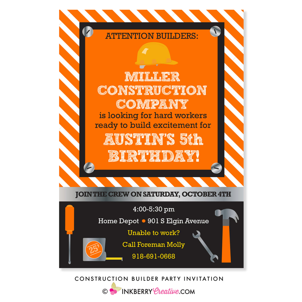 Little Builder Construction Birthday Party Invitation - inkberrycards