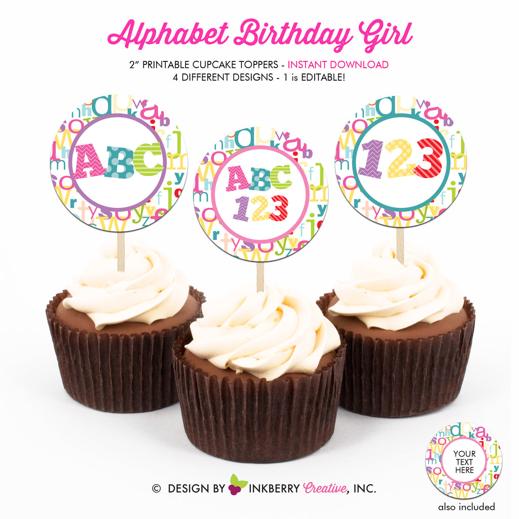 Alphabet Birthday (Girl) - Printable Cupcake Toppers - Instant Download PDF File - inkberrycards