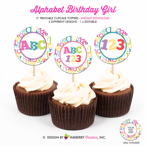 Alphabet Birthday (Girl) - Printable Cupcake Toppers - Instant Download PDF File - inkberrycards