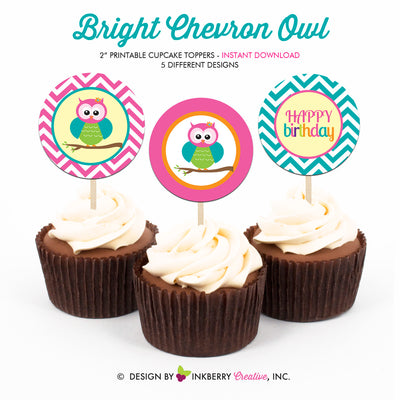 Bright Chevron Owl - Printable Cupcake Toppers - Instant Download PDF File - inkberrycards