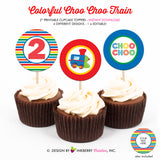 Colorful Choo Choo Train 2nd Birthday - Printable Cupcake Toppers - Instant Download PDF File - inkberrycards