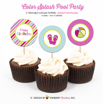 Flip Flop Splash Pool Party - Printable Cupcake Toppers - Instant Download PDF File - inkberrycards