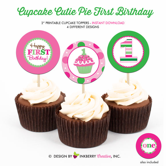 Cupcake Cutie Pie First Birthday (Pink and Green) - Printable Cupcake Toppers - Instant Download PDF File - inkberrycards