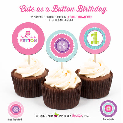 Cute as a Button First Birthday - Printable Cupcake Toppers - Instant Download PDF File - inkberrycards