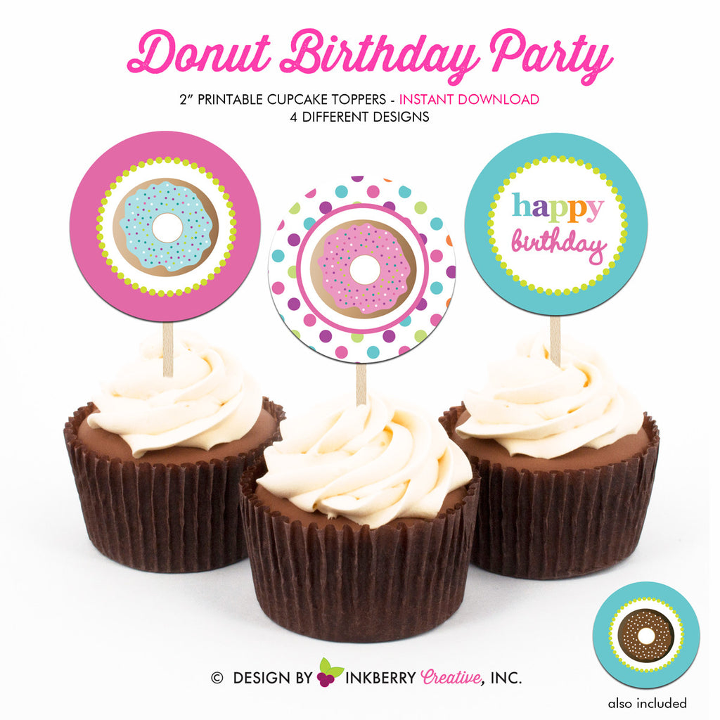 Donuts and Pajamas Birthday - Printable Cupcake Toppers - Instant Download PDF File - inkberrycards