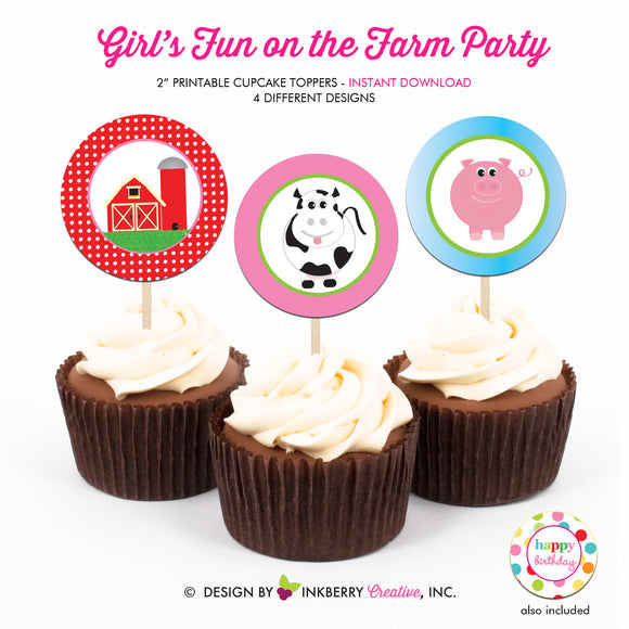 Fun on the Farm Birthday (Girls) - Printable Cupcake Toppers - Instant Download PDF File - inkberrycards