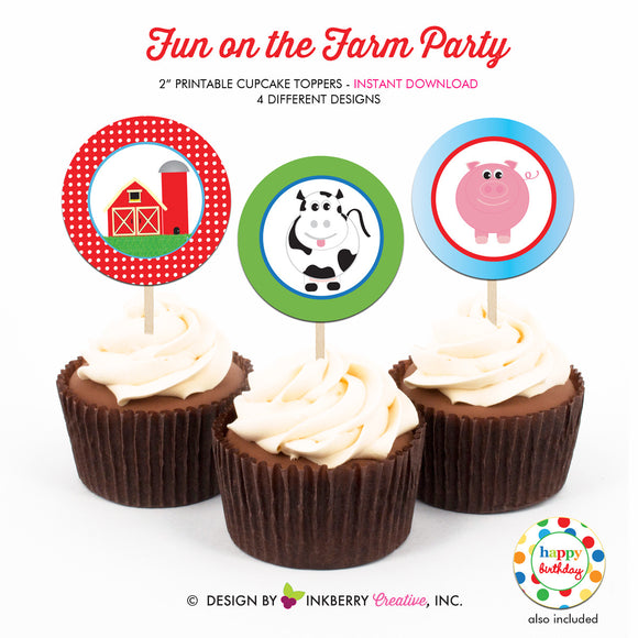 Fun on the Farm Birthday - Printable Cupcake Toppers - Instant Download PDF File - inkberrycards