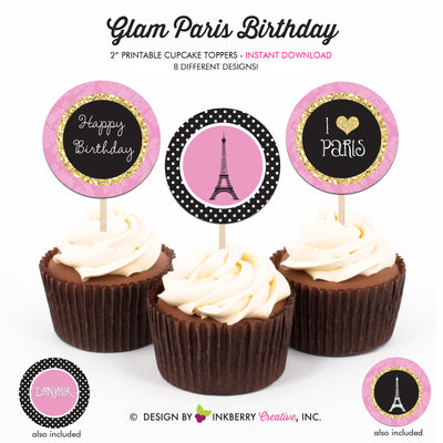 Glam Paris Birthday - Printable Cupcake Toppers - Instant Download PDF File - inkberrycards