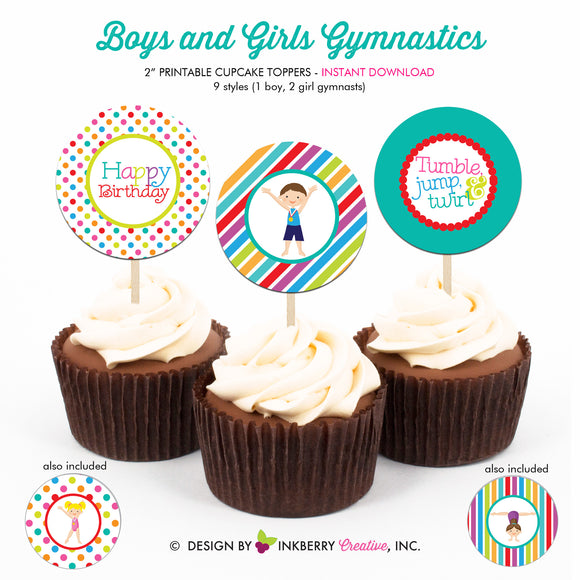 Gymnastics Birthday (Boy Girl) - Printable Cupcake Toppers - Instant Download PDF File - inkberrycards